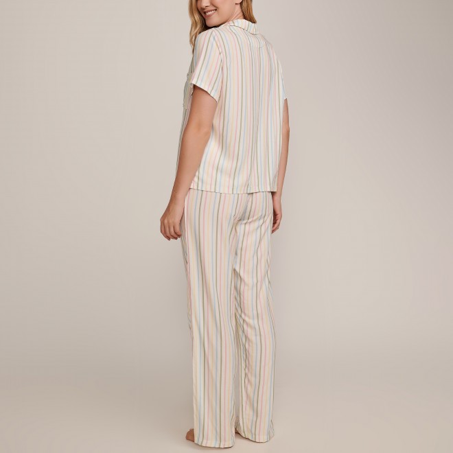 Pijama Feminino  com Botões e Calça  Listras Alegria