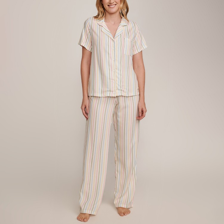 Pijama Feminino  com Botões e Calça  Listras Alegria
