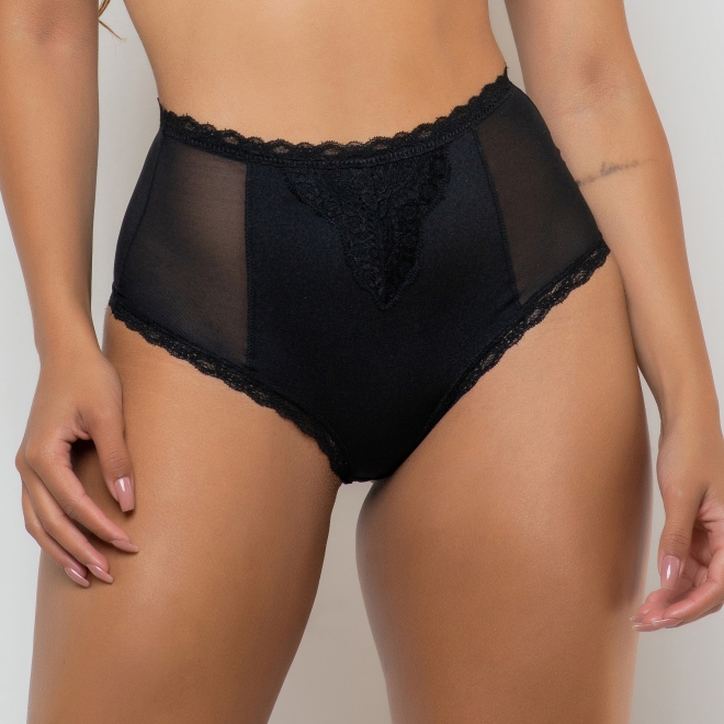 Calcinha Hot Pant Cintura Alta de Tule e Micro com Renda Sophia Preto